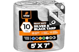 Heavy Duty Poly Tarp - 5' X 7' -10 Mil Thick Waterproof, UV Blocking Protective Cover - Reversible Silver and Black - Laminated Coating - Grommets - by Xpose Safety