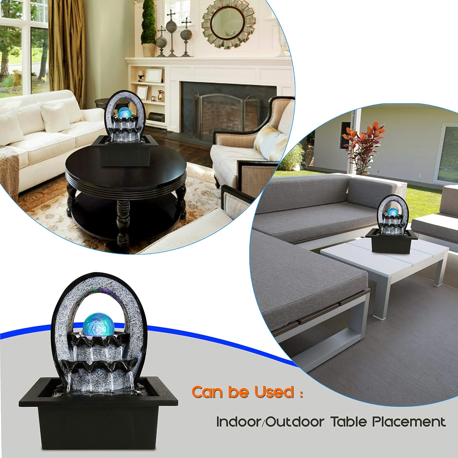 Electric Tabletop Water Fountain Decoration - 2-Tier Indoor Outdoor Portable Desktop Decorative Waterfall Kit w/LED Illuminated Crystal Ball Accent, Include Submersible Pump, 12V Adapter - SereneLife