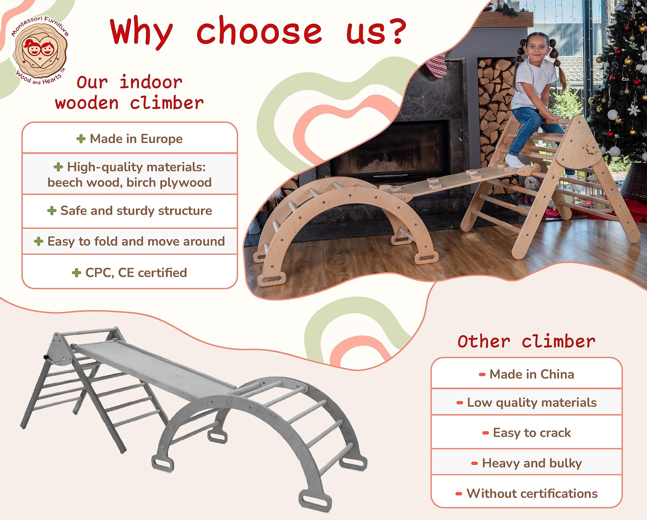 WoodandHearts Montessori Pikler Triangle Climbing Set - Foldable Climbing Triangle with Slide, Ramp, Arch - Wooden Toddler Climbing Toys Indoor Playground Jungle Gym for Kids Age 2-8