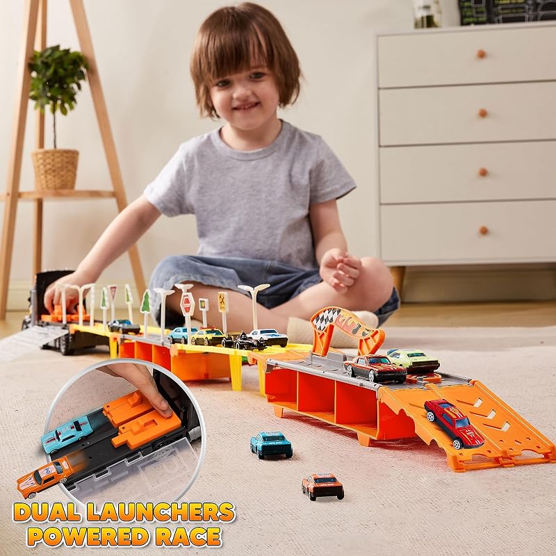 Camiones Juguete para Niños, 12 Vehículos de Juguete de Metal Fundido a presión con 2 lanzadores, Juguete Plegable Street Racer con Luces y Sonidos, Regalo para niños de 3 años en adelante
