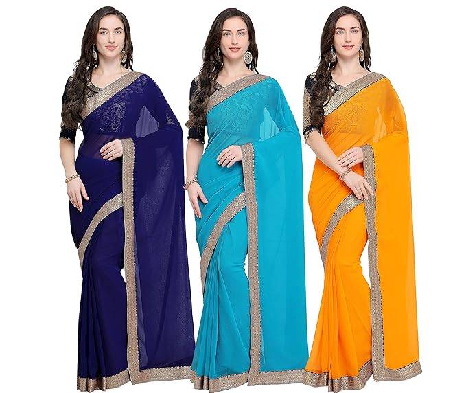 Pack of 3 Chiffon Sarees with unstitched Blouse Piece(with lace border)
