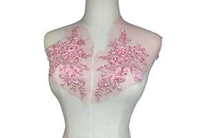 Heyiwell 1 Pair 3D Sequin Beads Flower Embroidery Patches Applique Lace Floral Motif for Wedding Dress Sewing Lace Decor 21x12cm(Dusty Pink)