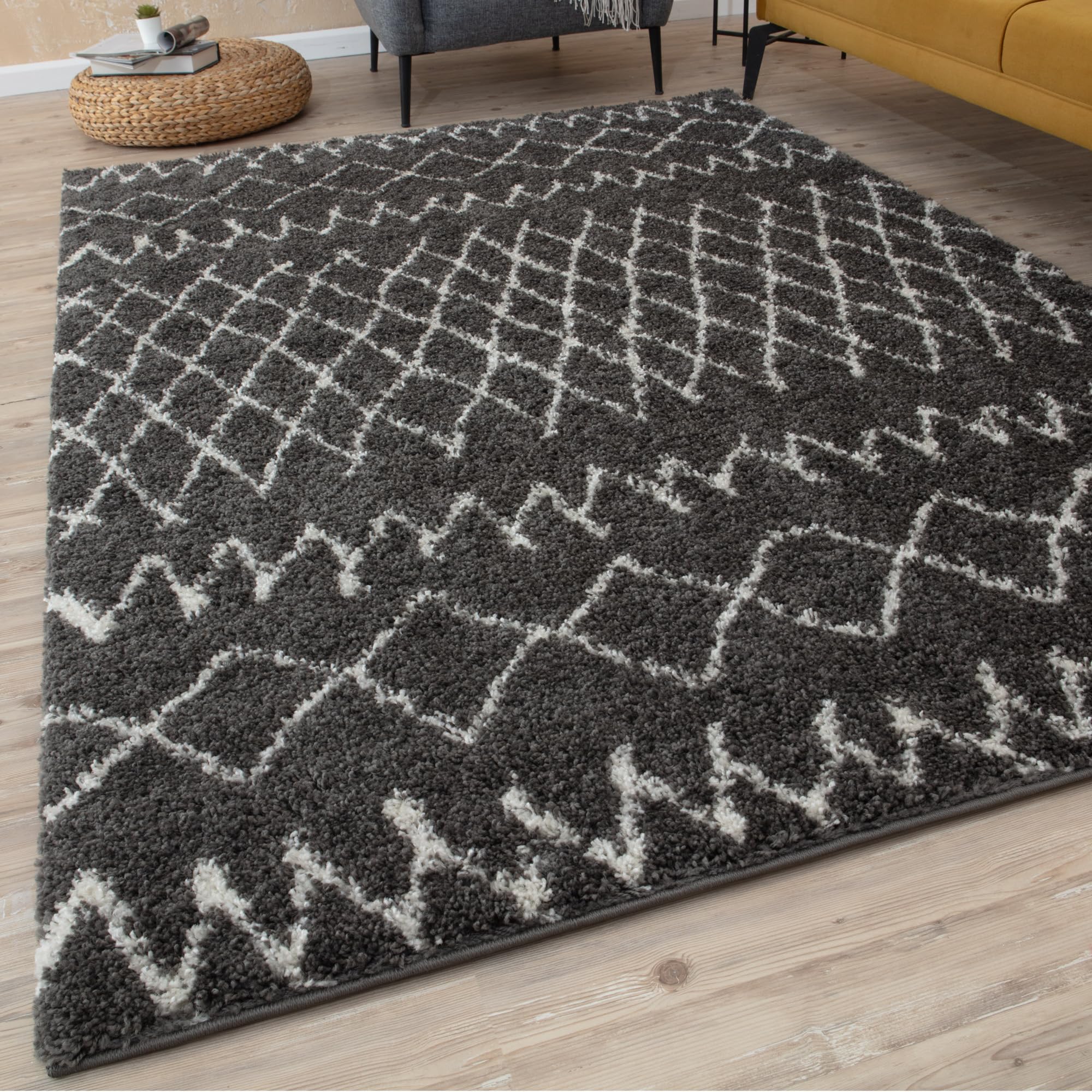 THE RUGS Modern Moroccan Design Living Room and Bedroom Rugs, Non-Shedding & Easy Care (Tangier Dark Grey/Ivory, 60x110 cm)