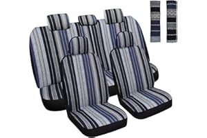 HAIYAOTIMES Baja Saddle Blanket Car Seat Covers Full Set with Seat Belt Pads, Washable Breathable Seat Covers for Cars, Universal Fit Interior Covers for Most Sedan Truck SUV, Airbag Compatible, Blue