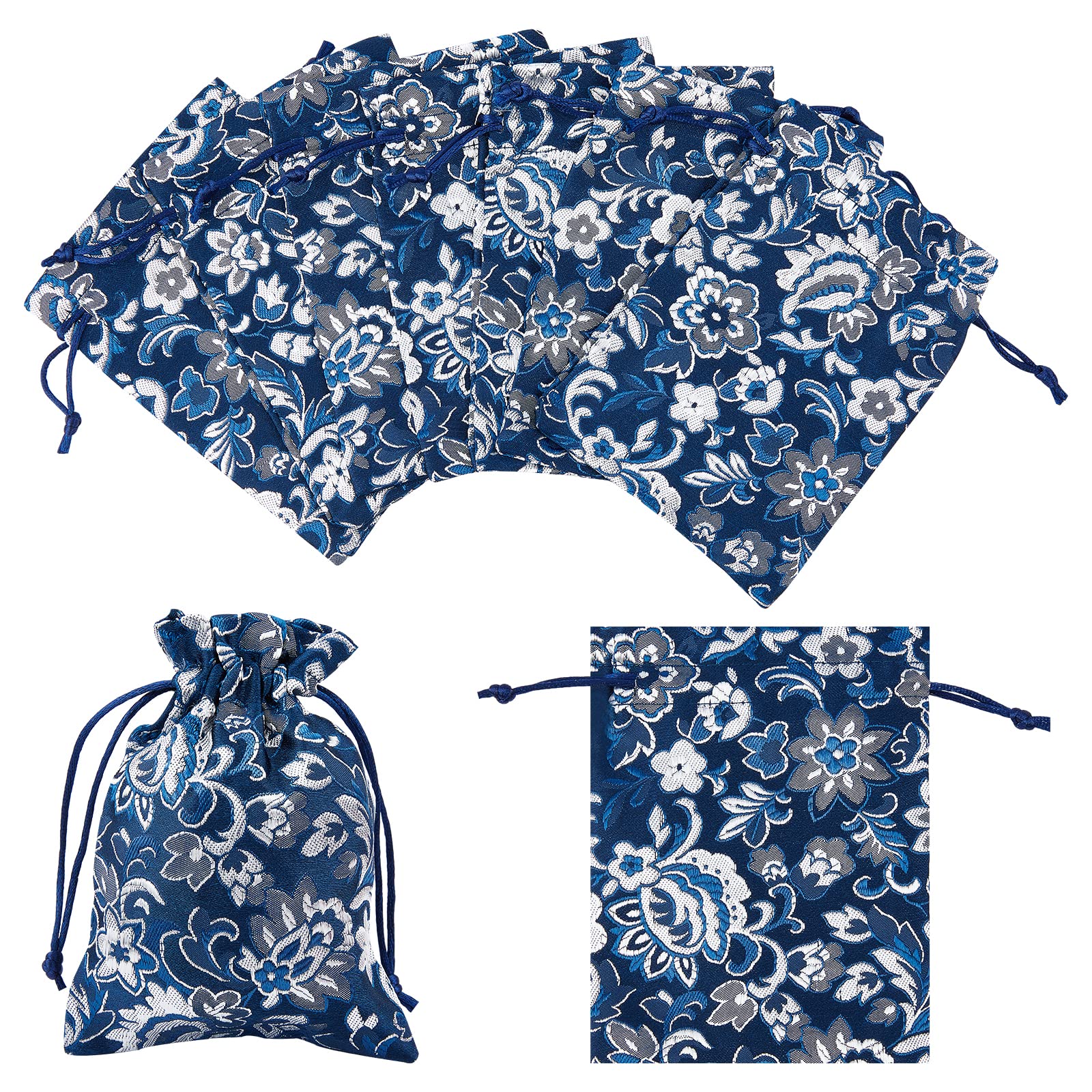 NBEADS 20 Pcs Midnight Blue Silk Brocade Jewelry Pouches, 14×11cm Flower Embroidered Bags with Drawstrings Chinese Silk Pouches Wrapping Bags Purse Bag for Jewelry Packaging Wedding Party Favors
