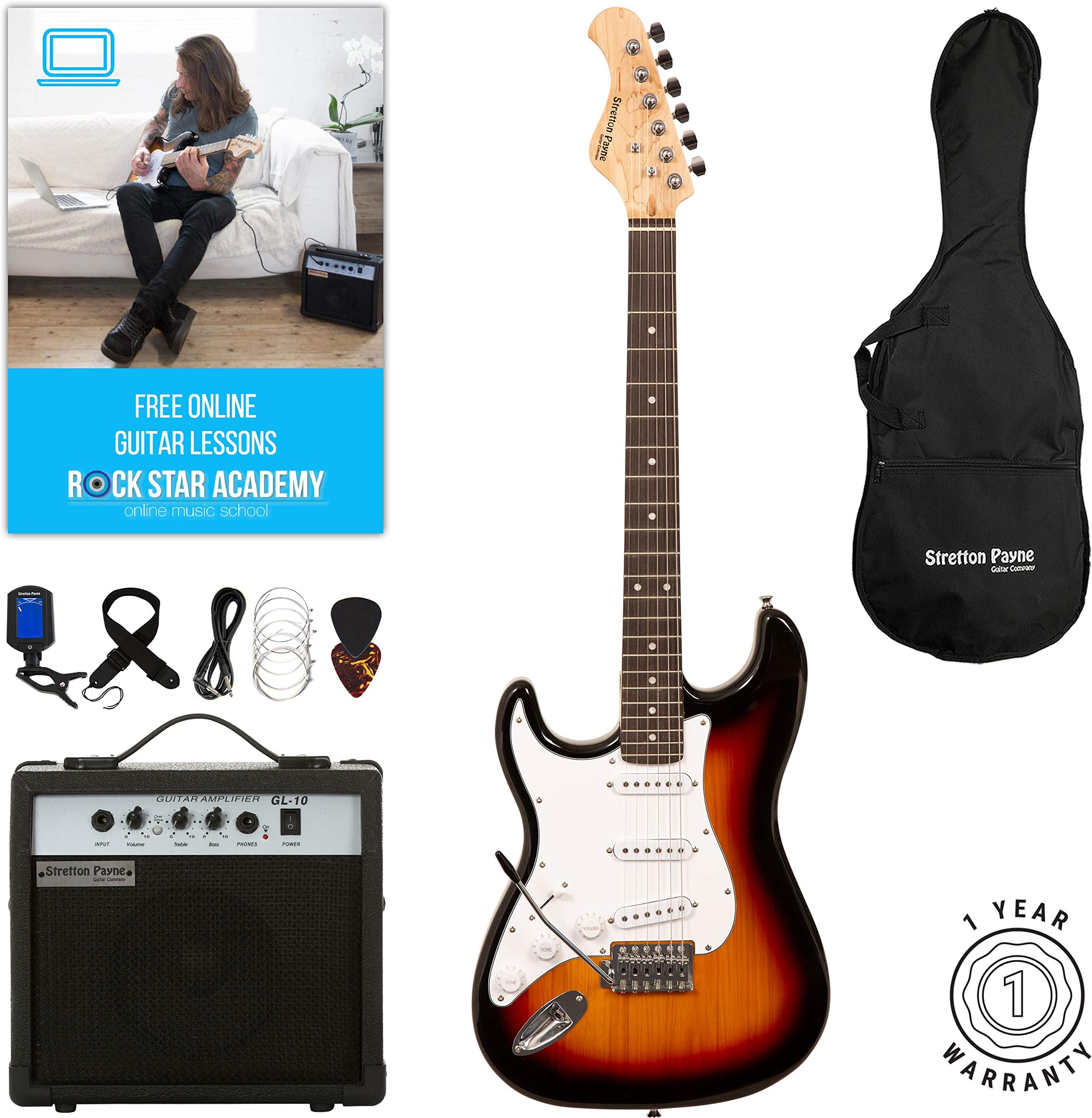 Stretton Payne LEFT HANDED ST Electric Guitar Pack with practice amplifier, padded bag, strap, lead, plectrum, tuner, spare strings. Guitar in Sunburst