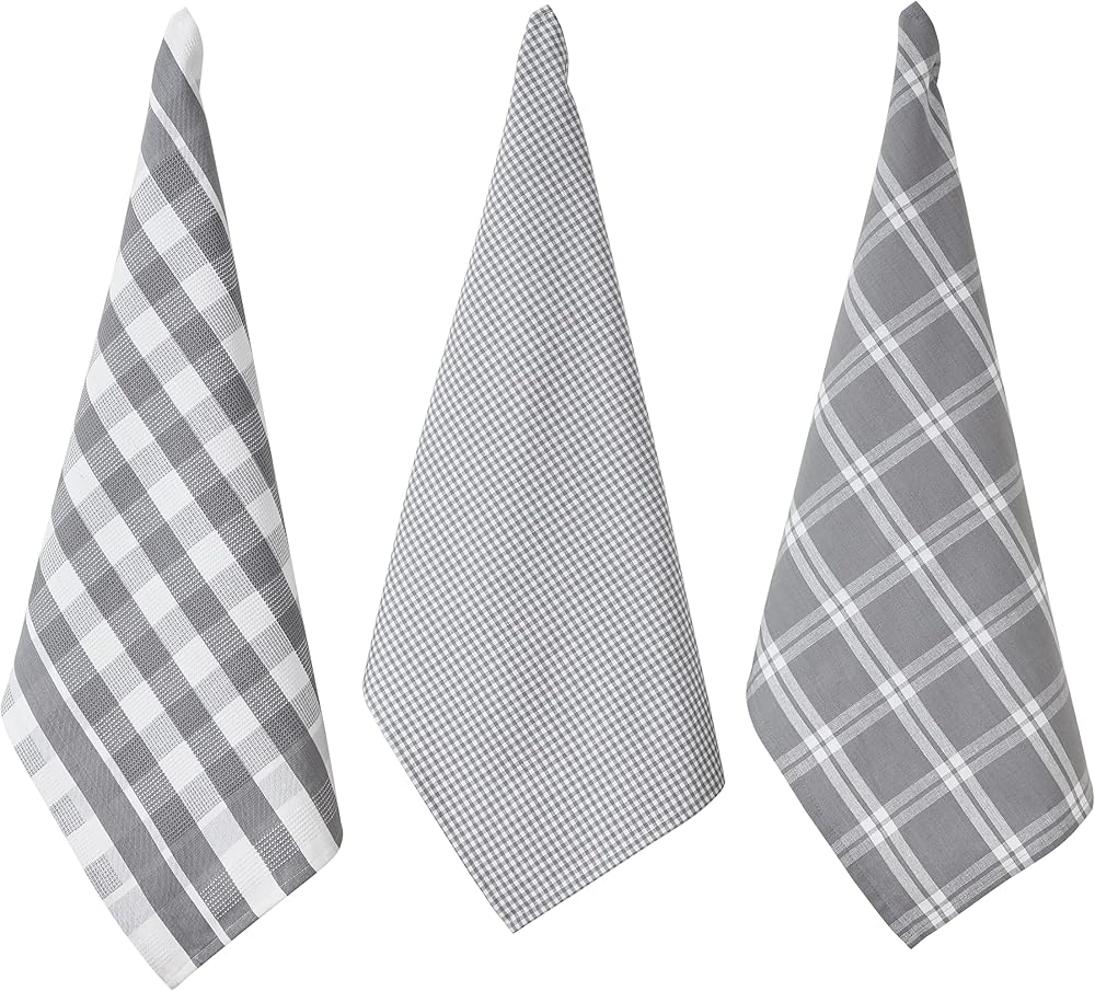 Penguin Home Set of 3 100% Cotton Kitchen Towels Grey White 50x70 cm