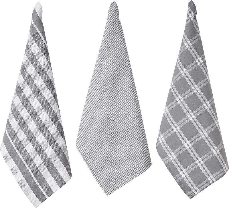 Penguin Home Set of 3 100% Cotton Kitchen Towels Grey White 50x70 cm