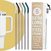 purifyou 14.5" Extra Long Stainless Steel Drinking Straws with Silicone Tips, Reusable Metal Straws for Tumblers, Smoothies, Milkshakes (Set of 5 with Brush)