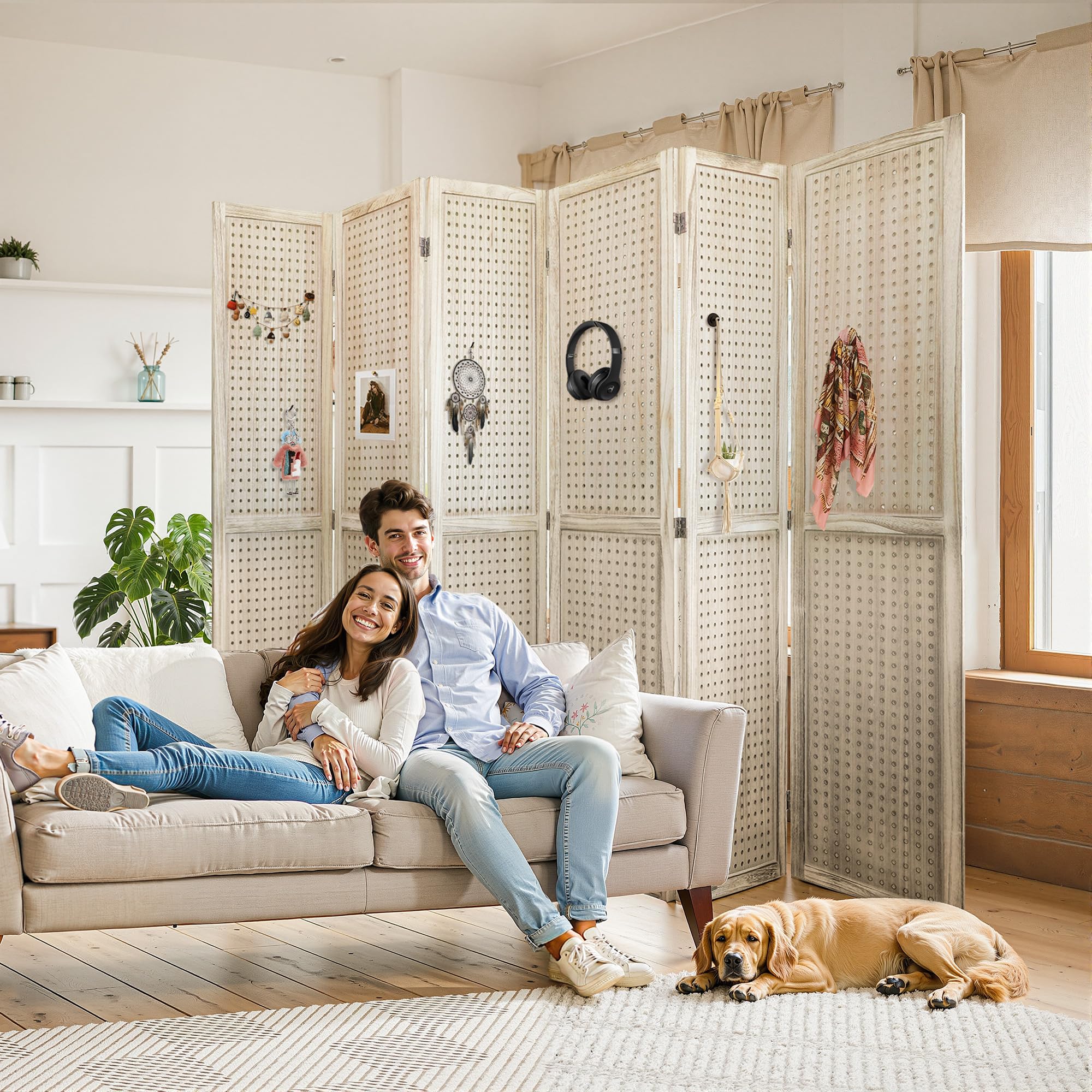Photo 1 of ** NEW** Osparple Room Divider, 5.6FT Folding Room Divider Panel and Privacy Screen, 6 Panel Pegboard Display Partition Wall Divider for Room Separation, Natural Wood