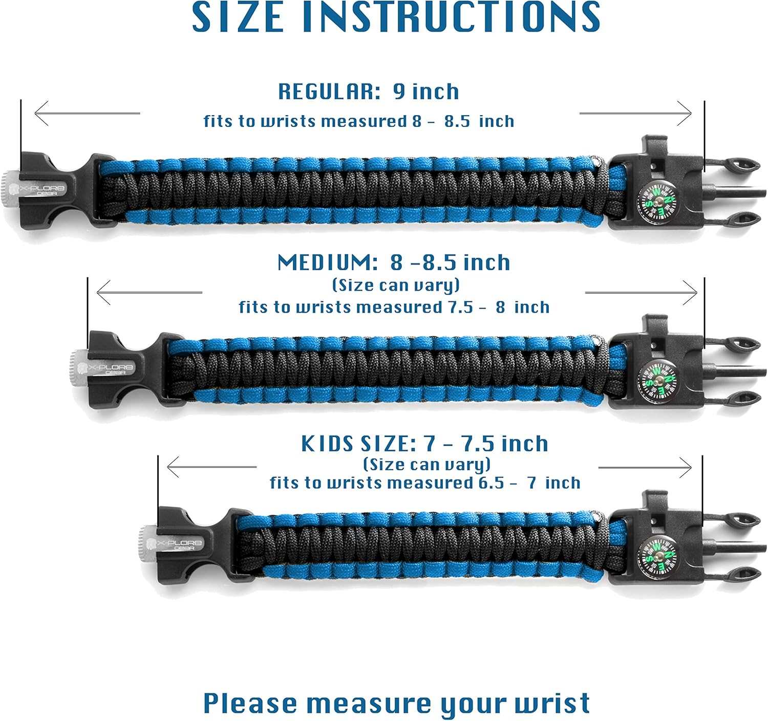 X-Plore Gear Emergency Paracord Bracelets | Set of 2| The Ultimate Tactical Survival Gear| Flint Fire Starter, Whistle, Compass & Scraper | Best Wilderness Survival-Kit - Black(R)/Blue(R) : Sports & Outdoors