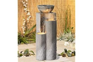 Bowl and Pillar Zen Modern Outdoor Floor Water Fountain 34 1/2" High with LED Light Cascading for Garden Patio Backyard Deck Home Lawn Porch House Relaxation Exterior Balcony - John Timberland