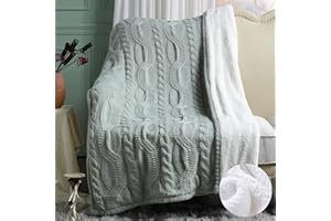 Amélie Home Reversible Sherpa Cable Knit Throw Blanket Soft Cozy Warm Winter Fleece Throw Blankets for Couch Bed Living Room, Sage Green, 50x60