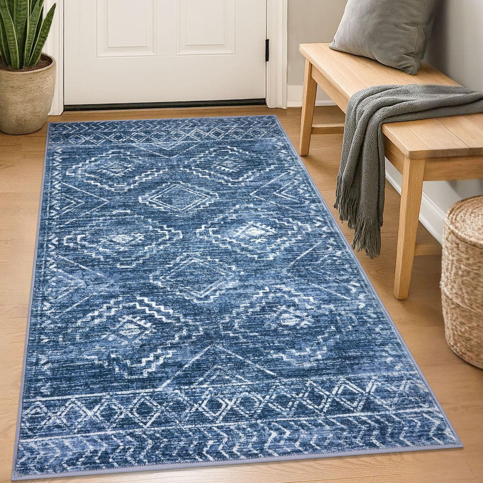 Photo 1 of KILOCOCO Boho Entryway Rug 3x5 Area Rug Washable Non Slip Throw Rugs Soft for Kitchen Living Room Dining Bedroom Geometric Moroccan Carpet, Navy