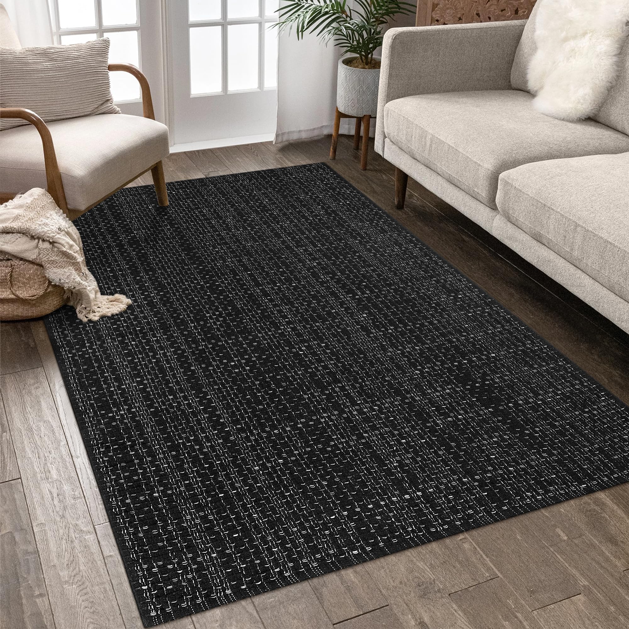 Photo 1 of Nailttos Washable Living Room Rugs 4' x 6', Woven Cotton Black Rugs for Bedroom, Low-Pile Reversible Braided Farmhouse Area Rug for Playroom Dining Room Office