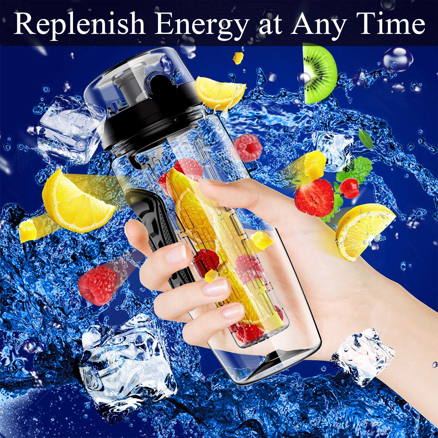 Babacom Wasserflasche Mit Fruchteinsatz 1L/32OZ Trinkflasche Sport mit Infuser Reinigungsbürste Verschluss Tragehenkel für Fruchtsaft BPA-frei Tritan