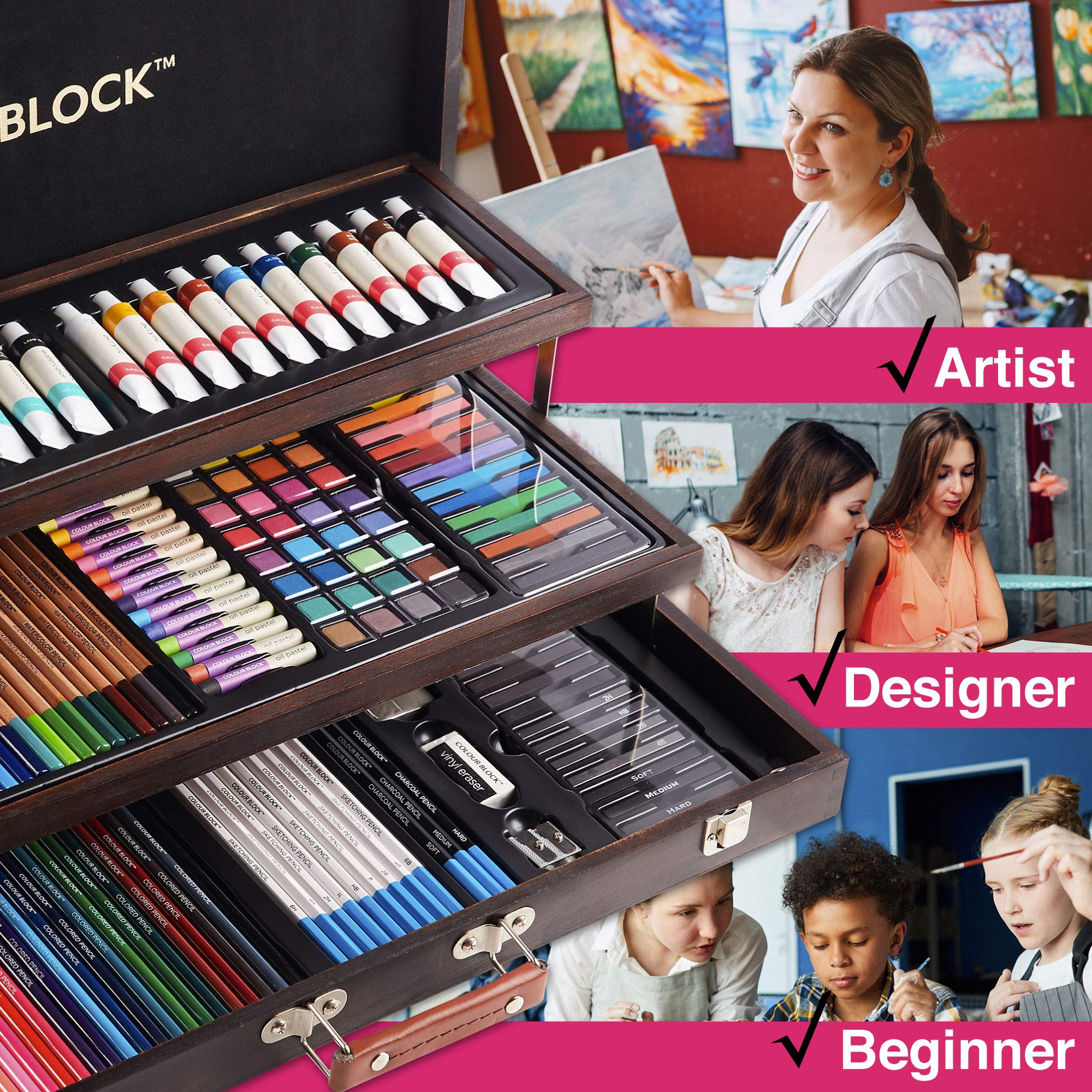 COLOUR BLOCK 181 pc Mixed Media Art Set in Exquisite Wooden Case - Acrylic & Water color Paints, Sketching, Colored Pencils, Soft & Oil Pastels