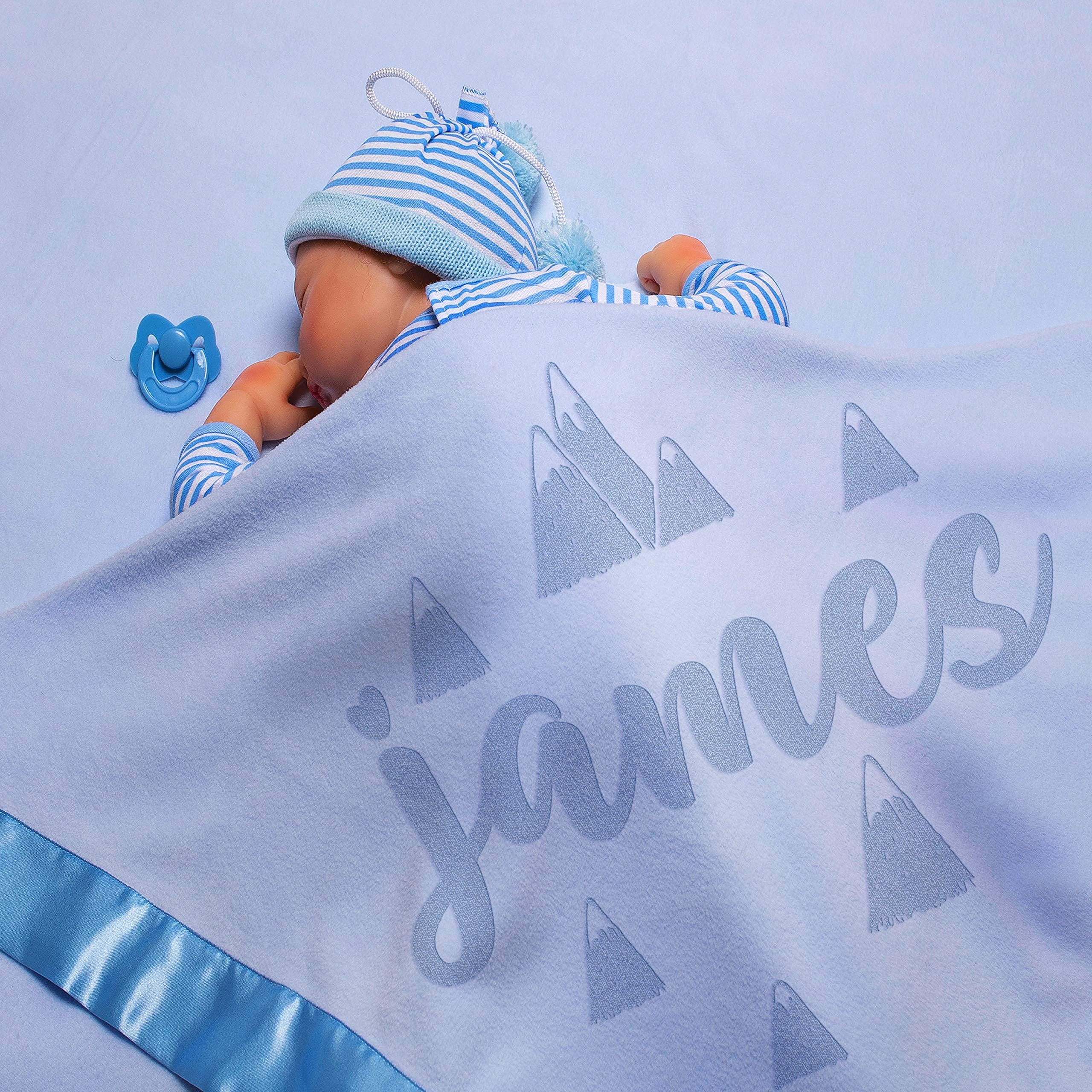 Personalized Baby Blankets w/ Name - Large Baby Receiving Blanket - 36x36 in | Satin Trim, Fleece | Blue - Baby Boy Gifts,, Baby Stuff, Welcome Baby Gifts for Newborns | Mountains
