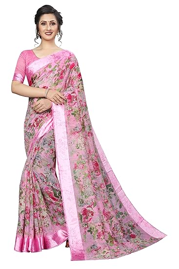 Women's Blend Linen Saree with Unstitched Blouse Piece (DigitalPrintVariation)