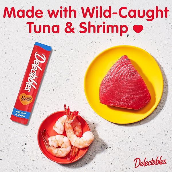 DELECTABLES SQUEEZE UP CREAMY SQUEEZABLE PUREE, LICKABLE WET CAT TREATS, GRAIN FREE, NO ADDED FILLERS, NO BY-PRODUCTS, NO ADDED PRESERVATIVES, 0.5 OUNCES TUNA & SHRIMP, 32 TUBES TOTAL