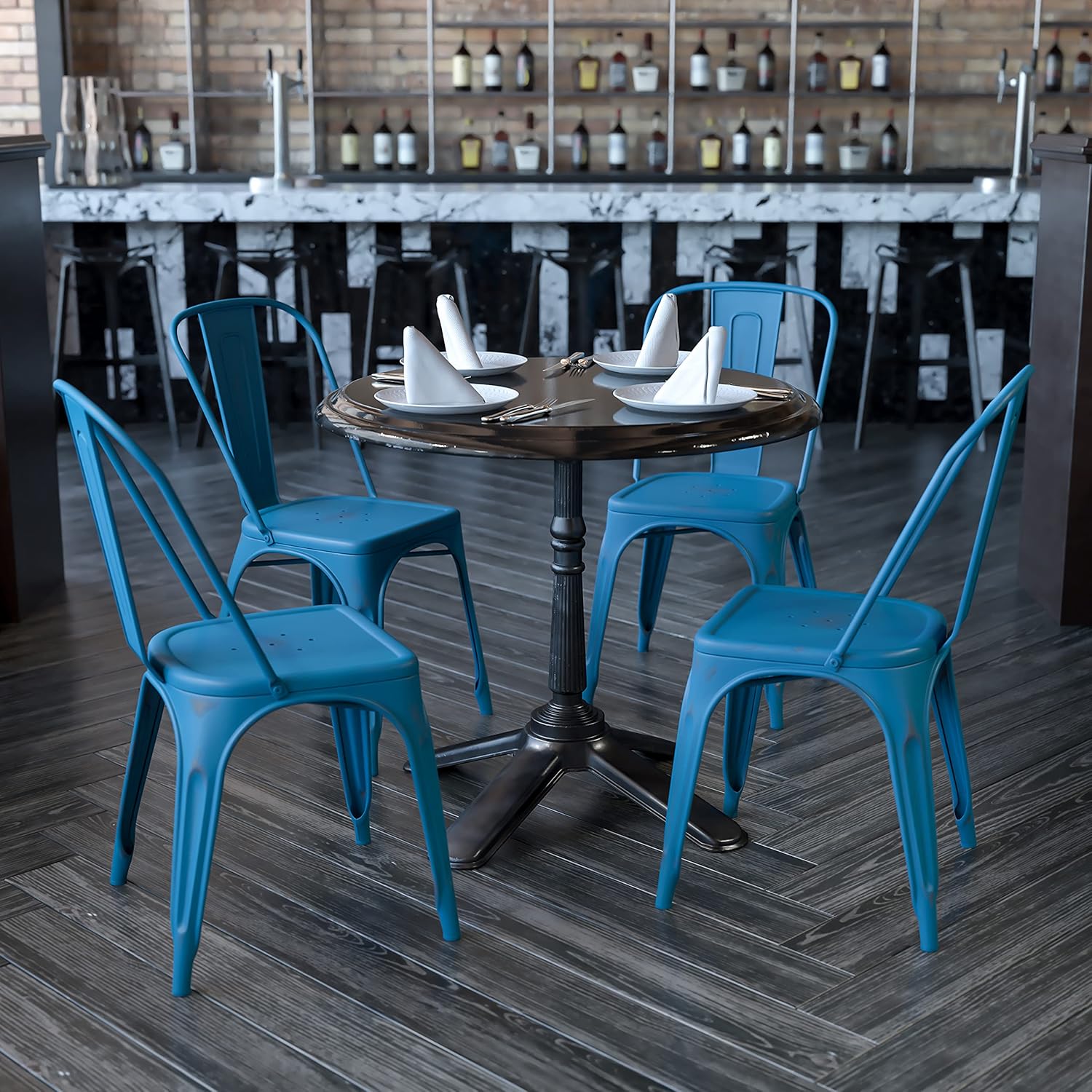 Flash Furniture Commercial Grade 4 Pack Distressed Antique Blue Metal Indoor-Outdoor Stackable Chair: Garden & Outdoor