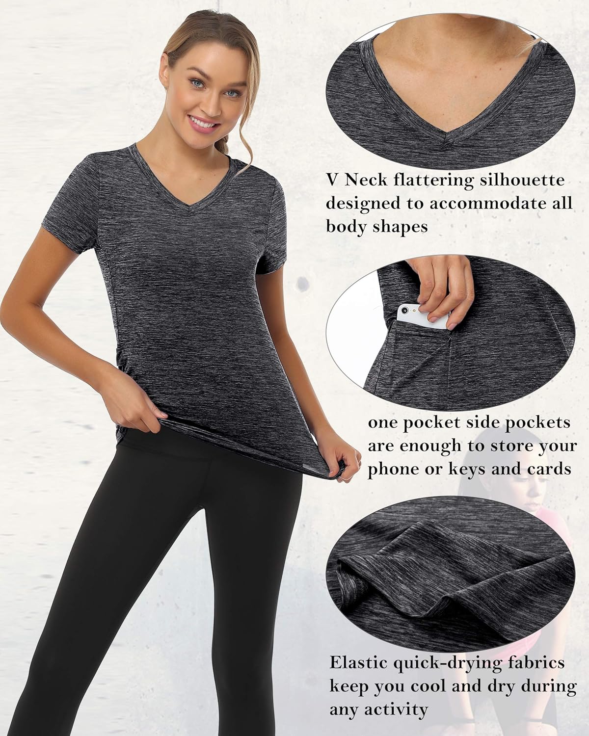 Women's V Neck Workout Top with Pocket Short Sleeve Dry Fit Active Running Hiking Shirt: Clothing