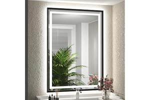 FTOTI 24x32 Inch LED Bathroom Mirror with Lights, Frontlit & Backlit Black Metal Frame Mirror, Wall Mounted Lighted Vanity Mirrors, Double Lights Strips,Anti Fog Dimmable & 3 Colors Temperature