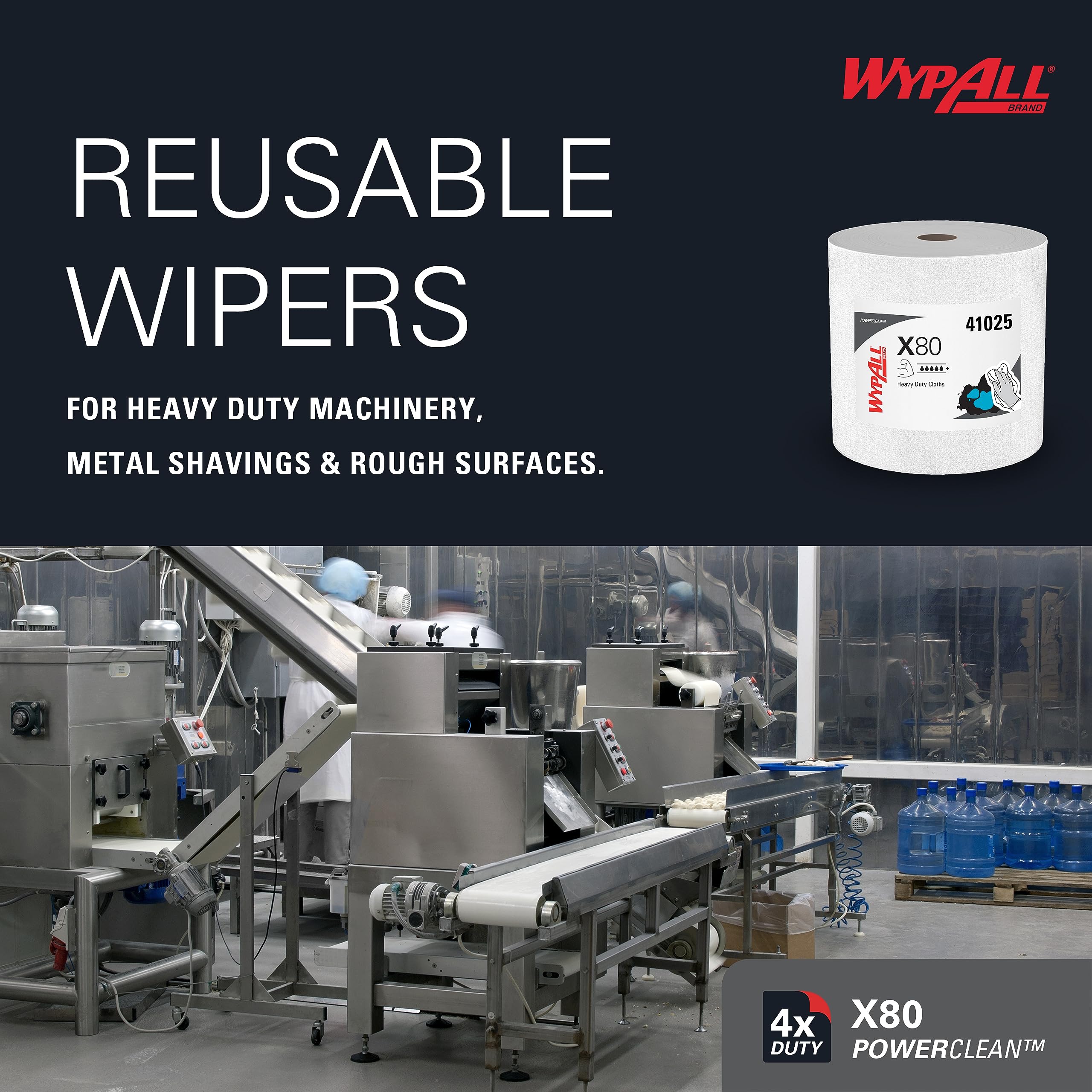 WypAll PowerClean X80 Cloths Heavy Duty Wipes (41025), Jumbo, Extended Use Towels, White (1 Roll of 475 Sheets, 475 Sheet Total)