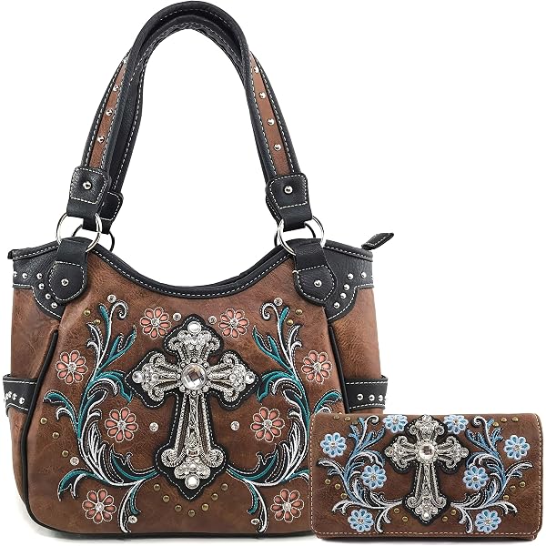 Embroidered Floral Laser Cut Turquoise Rhinestone Concho Purse Set – Concealed Carry Tote With Matching Wallet, Handcrafted