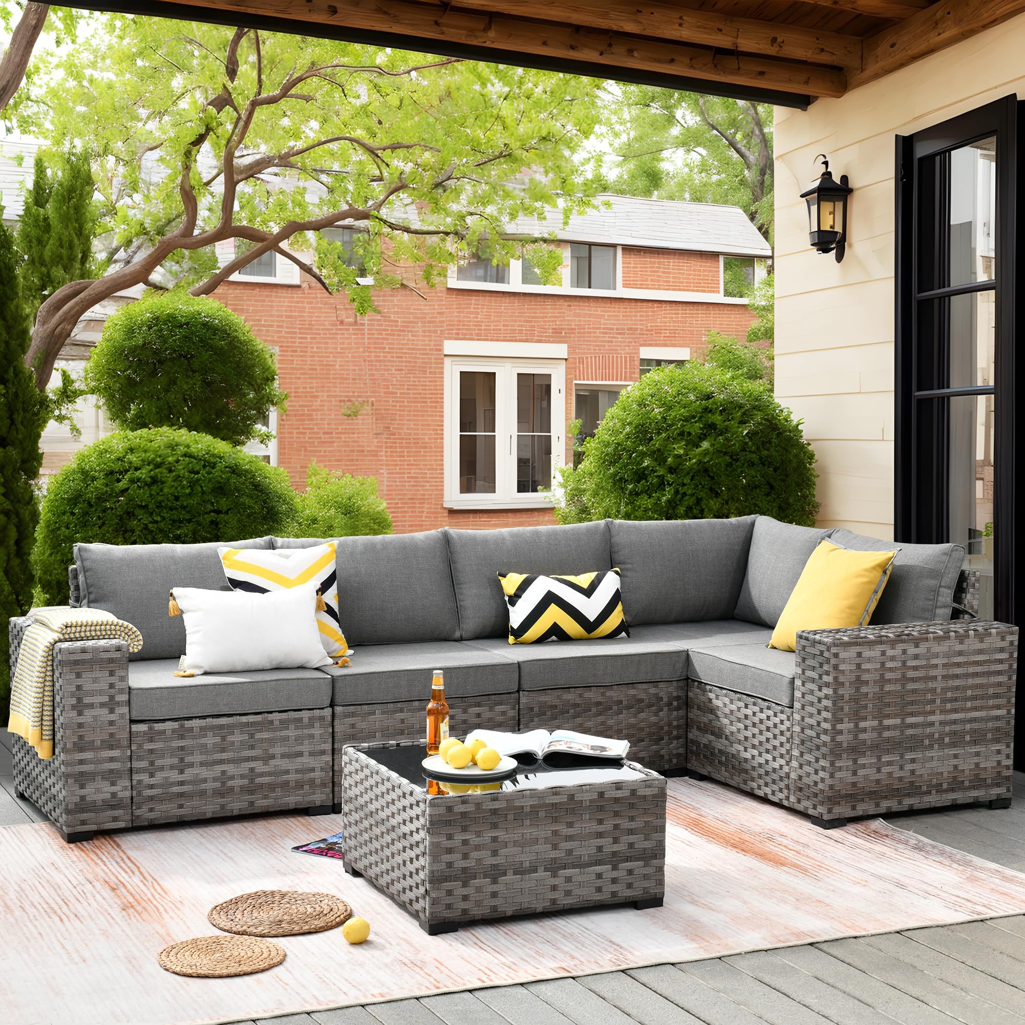 Photo 1 of **This is a partial set. Box number unknown. **
ovios 6 Pieces Patio Furniture Set, Outdoor Wicker Sectional Sofa with Glass Table Comfy Cushions, Modern Modular Deep Seat Couch Rattan Conversation Set, Dark Grey
