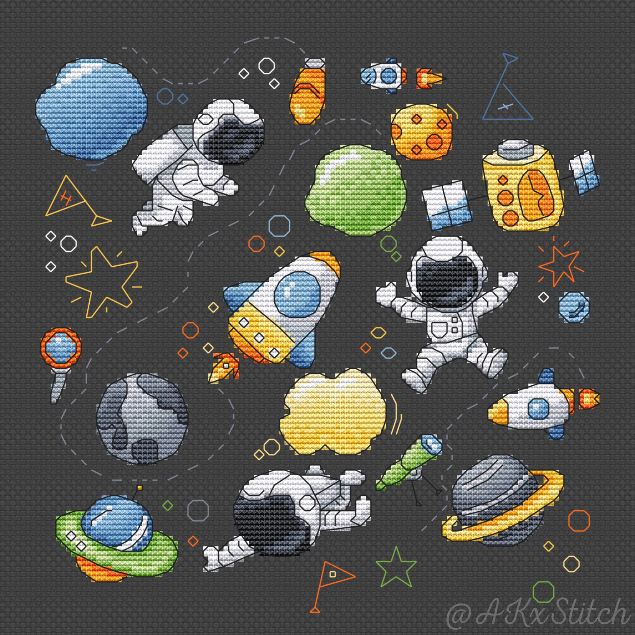 Astronaut Nursery Baby Boy Cross Stitch Kit, Birth Announcement Space Adventures Embroidery Pattern & DMC Threads, Cute Easy Rocket Ship Counted Kit and Supplies
