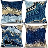 LDJRSY Blue Throw Pillow Covers 18x18inch, Set of 4 Decorative Soft Accent Pillows Covers, Blue and Gold Square Cushion Covers for Living Room Decor Sofa Couch Pillow Cases