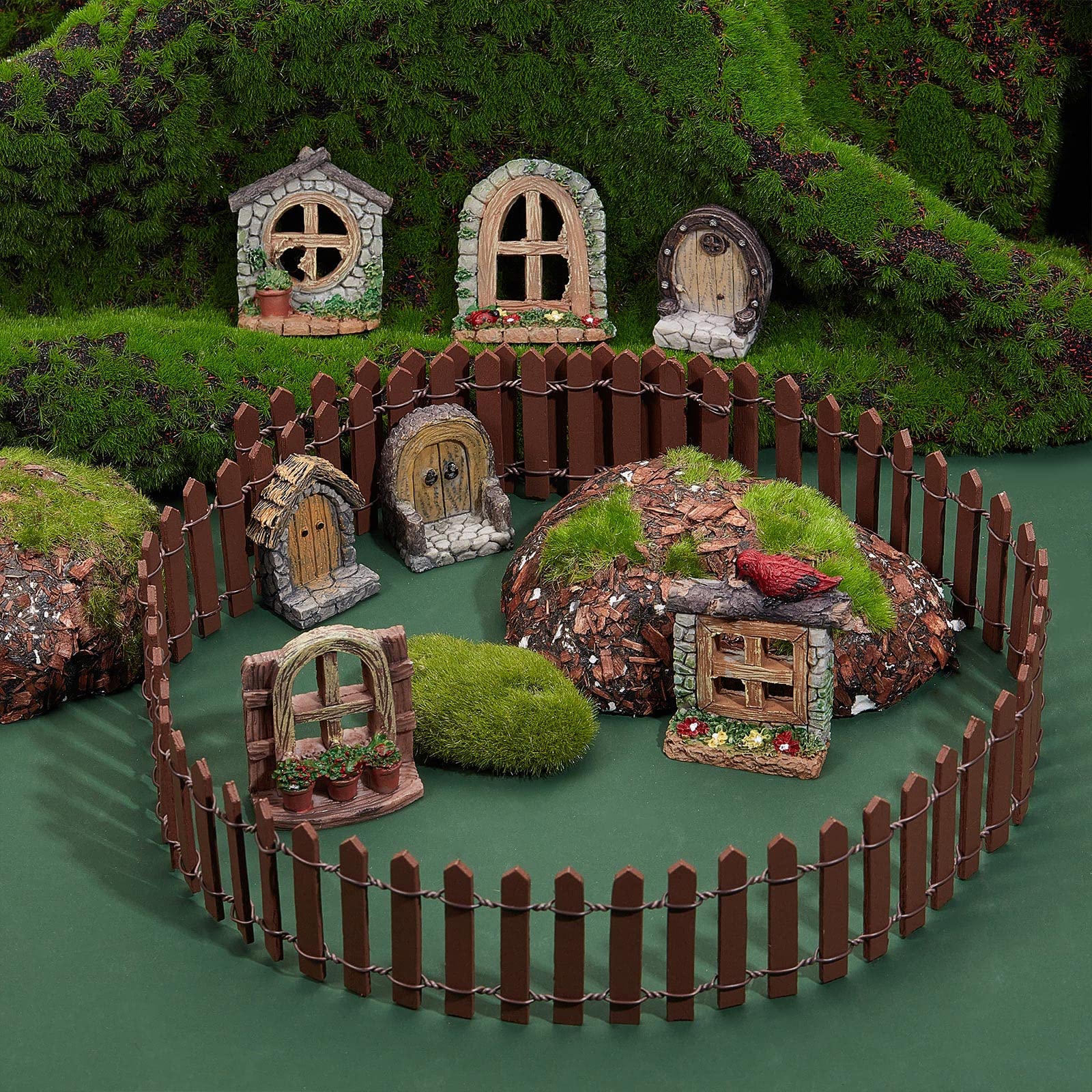 GORGECRAFT Miniature Fairy Garden Doors and Windows Resin Mini House Building Accessories Including Imitation Wood Door Window & Garden Fence for Micro Landscovere Decoration