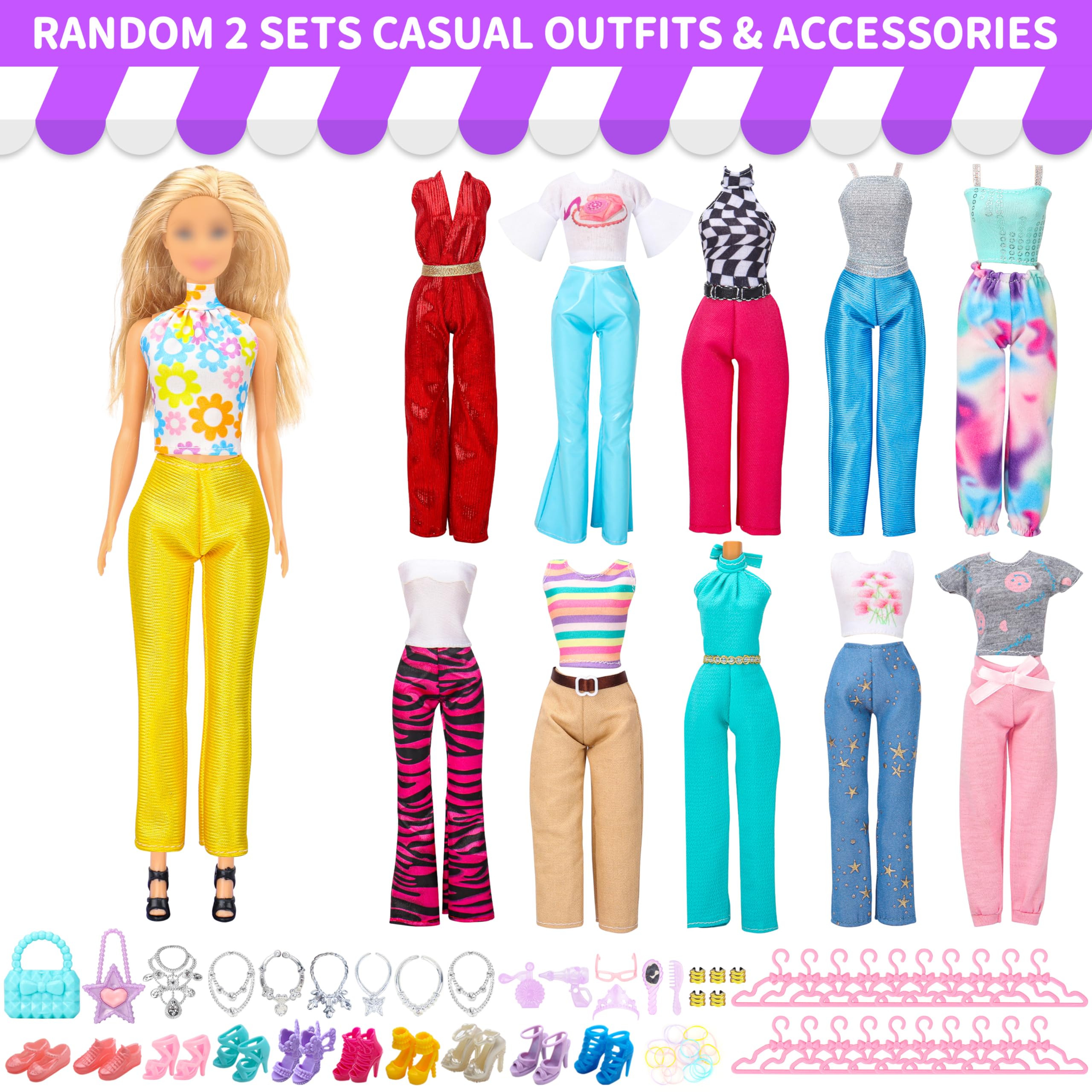 90 Pcs Doll Clothes and Accessories,2 Wedding Gowns 2 Evening Dresses 6 Fashion Dresses 4 Set Casual Outfit Top and Pant 2 Swimsuit,20 Hanger 10 Shoe 41 Accessories Toys for Girls Kid Gift
