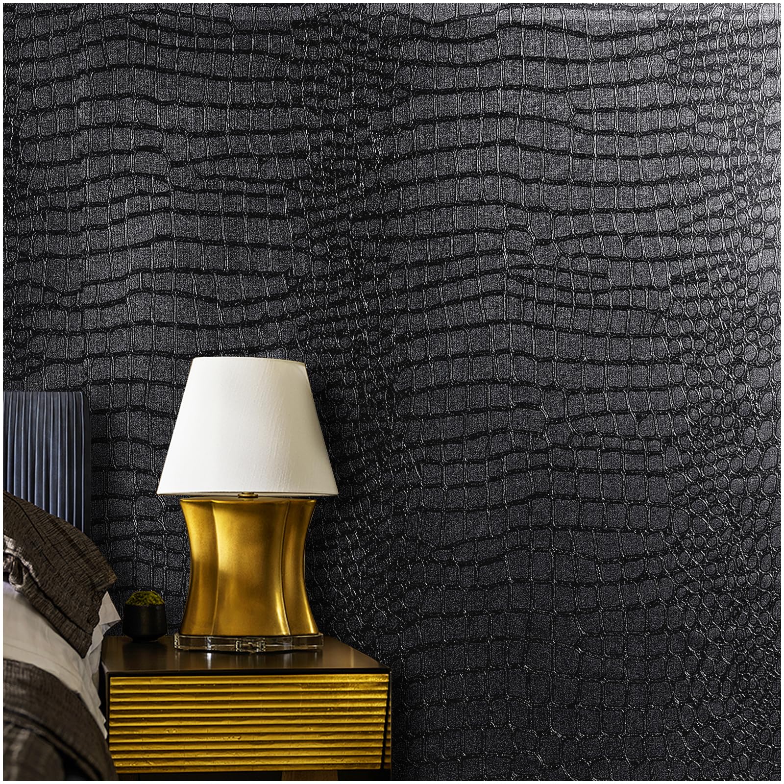 Photo 1 of Kimhan Black Peel and Stick Wallpaper - Removable Crocodile Self Adhesive Embossed Easy Peel Off Contact Paper - Textured for Cabinet Bedroom 15.7" X 78.7"