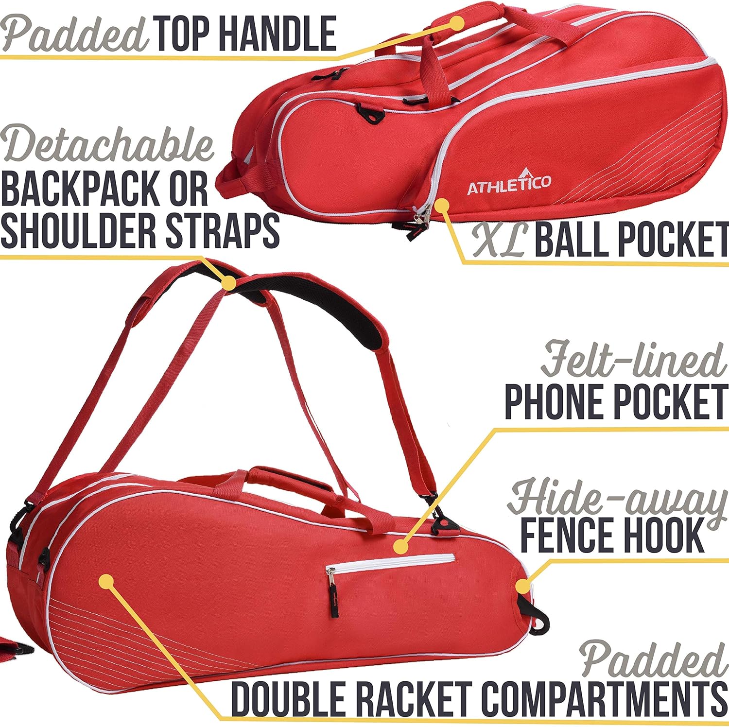 Athletico 6 Racquet Tennis Bag | Padded to Protect Rackets & Lightweight | Professional or Beginner Tennis Players | Unisex Design for Men, Women, Youth and Adults (Black) : Sports & Outdoors