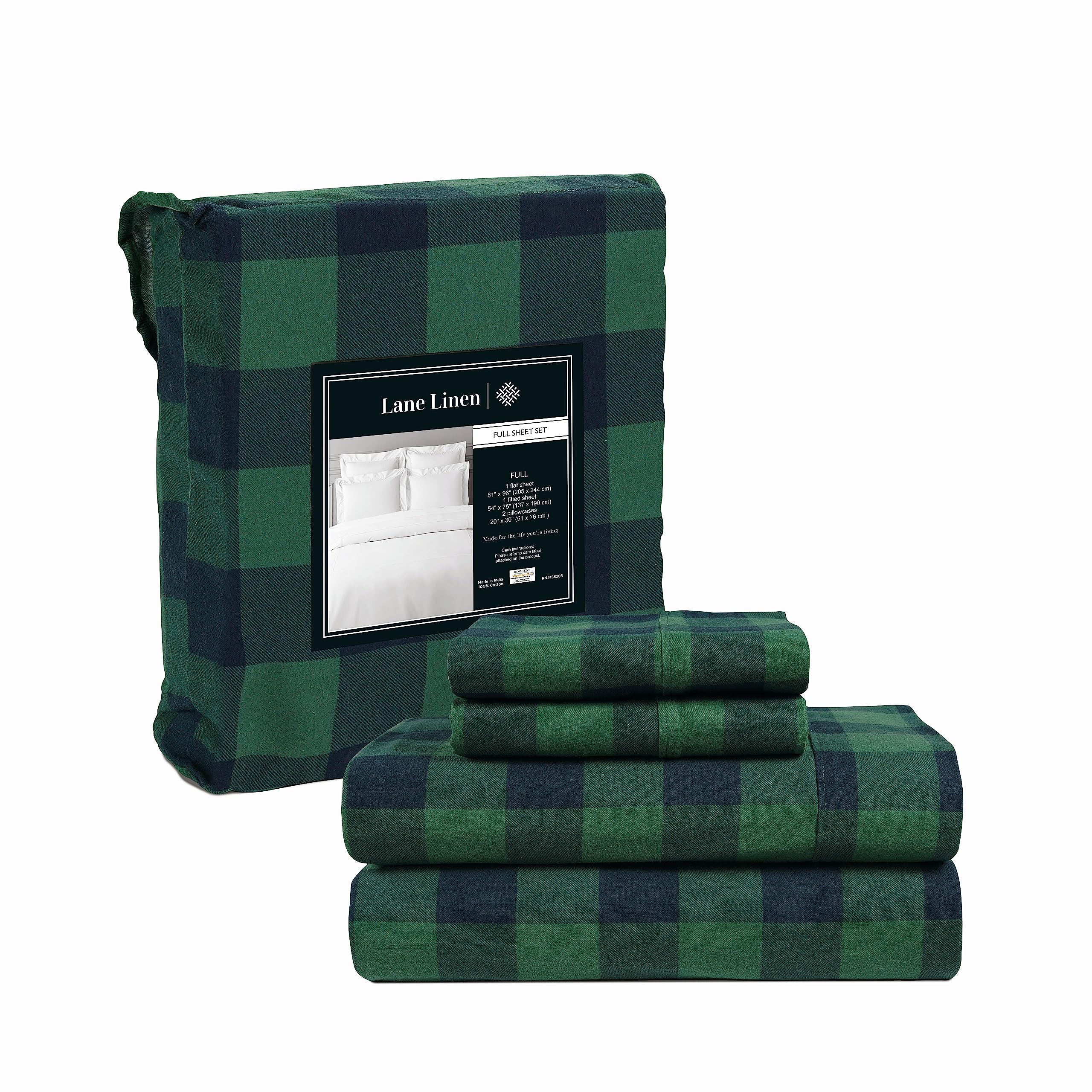 LANE LINEN Cotton Flannel Sheets Full Size - Brushed for Extra Softness - Durable Full Size 100% Cotton Sheets Set - Warm & Cozy Flannel Cotton Bed Sheets, 15" Deep Pocket - Buffalo Checks Green