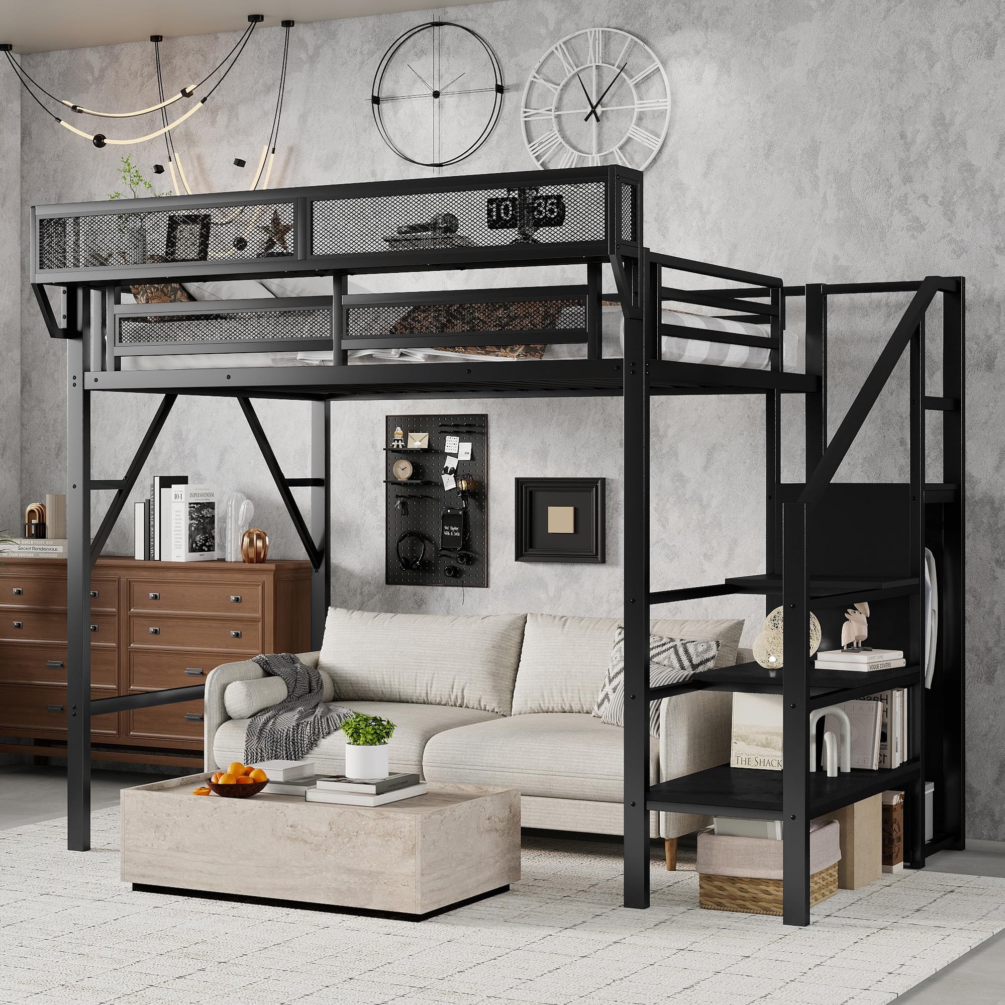 Photo 1 of ***PARTIAL SET ** BOX 2 ONLY***
KEIKI Twin Size Metal Loft Bed Frame with Convertible Staircase, Built-in Storage Shelves and Wardrobe, Loft Bed with Solid Slats, Guardrail, No Box Spring Required, Easy Assembly, for Bedroom, Black