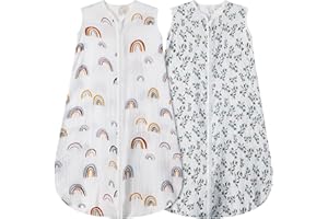 BSTOPPT 2 Pack Baby Sleep Sack 6-12 Months 100% Organic Cotton Muslin Baby Sleeping Bag 2-Way Zipper Wearable Blankets (Rainbow & Leaf, Medium)