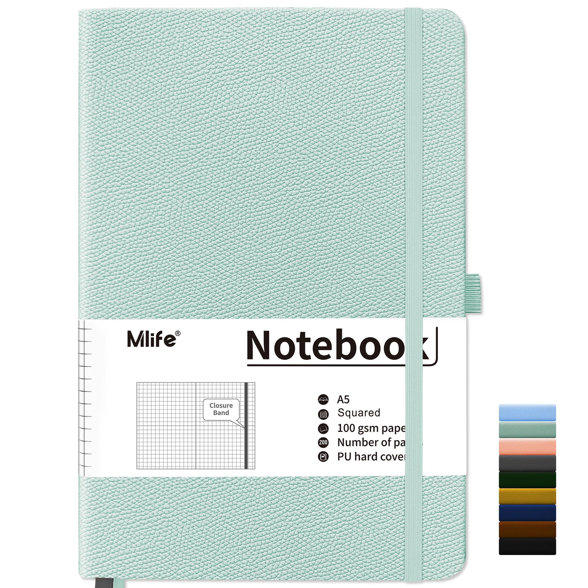 Mlife Squared Notebook A5,Journal Notebooks With 200 Pages,100gsm No Bleed Grid Notebook Pages,PU Hard Cover,Graph Paper Notebook for Graphing Notes Math,Notepad for Women Men School-Orchid Green