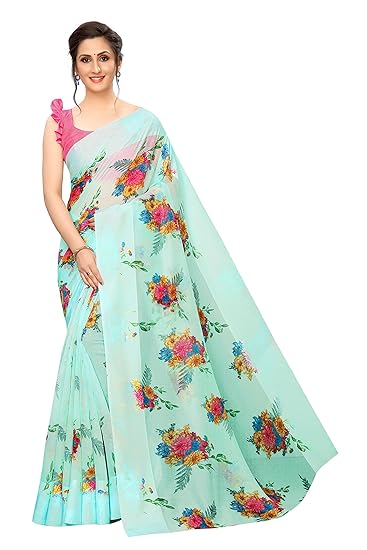 RAJESHWAR FASHION With RF Womens Kota Doria Linen Saree With Blouse Piece (FLORA 01 SKY BLUE_Turquoise Blue)