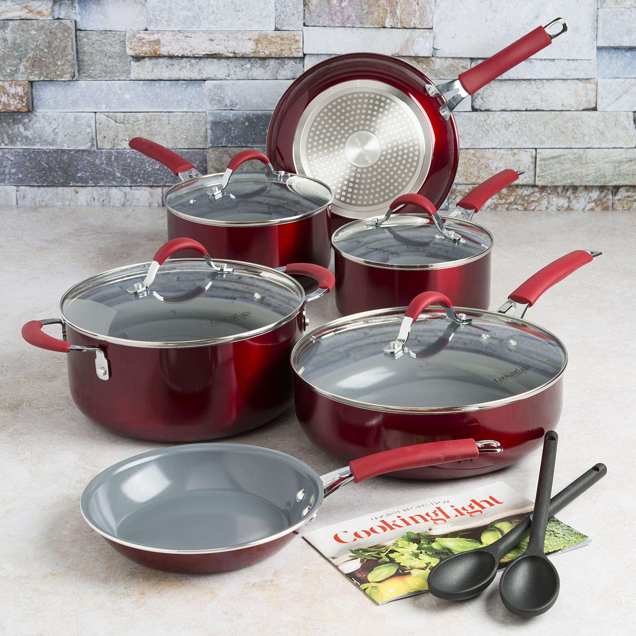 Cooking Light CCCUR-1213 Allure Non-Stick Ceramic Cookware Multipurpose Use, Silicone Stay Cool Handle, Easy Clean, 12 Piece Set, Red