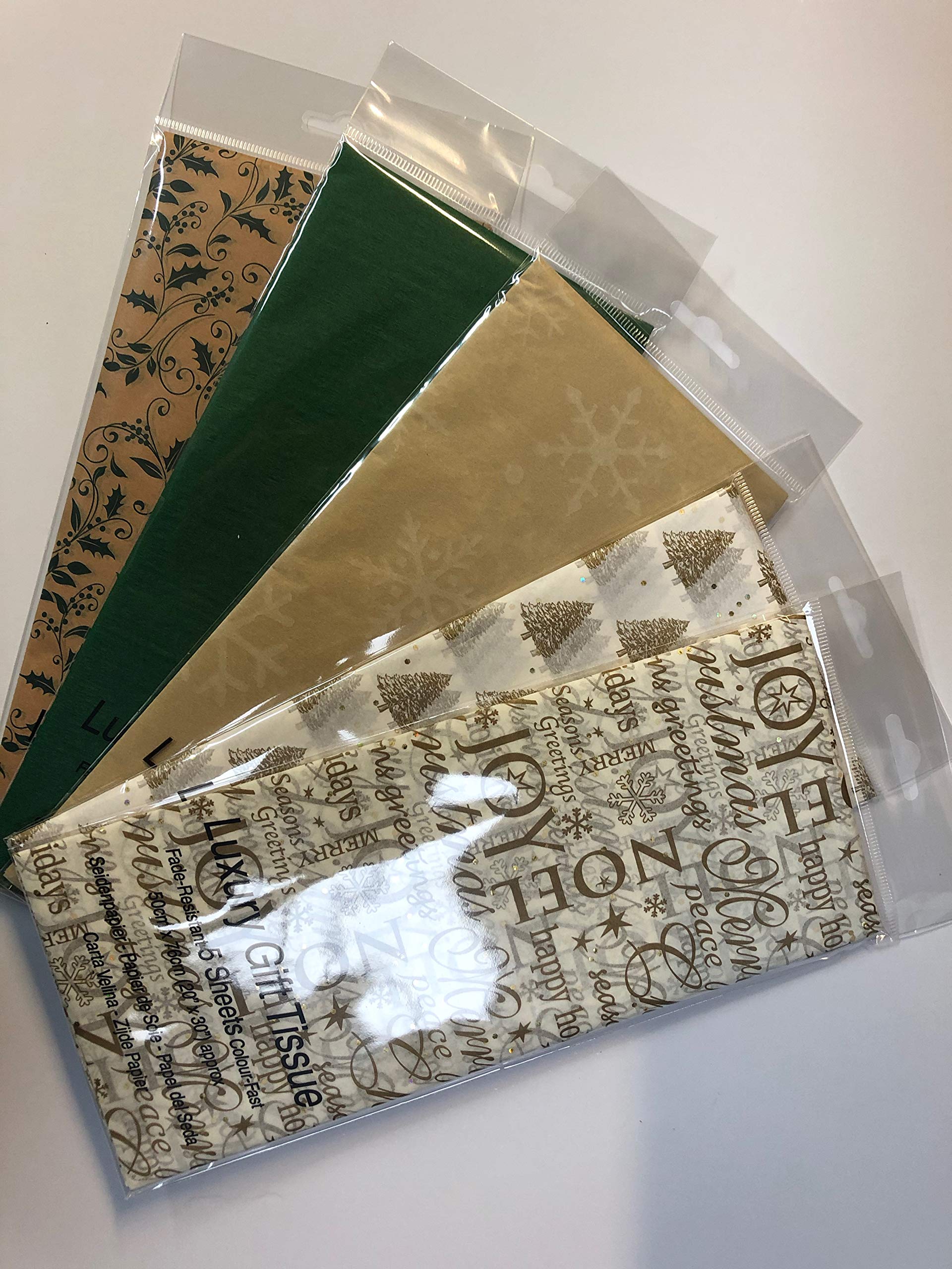 5 Packs of 5 Sheets of Christmas Tissue Wrapping Paper 25 Sheets Green Gold Total Holly Snowflakes Gold Pearl Trees Noel