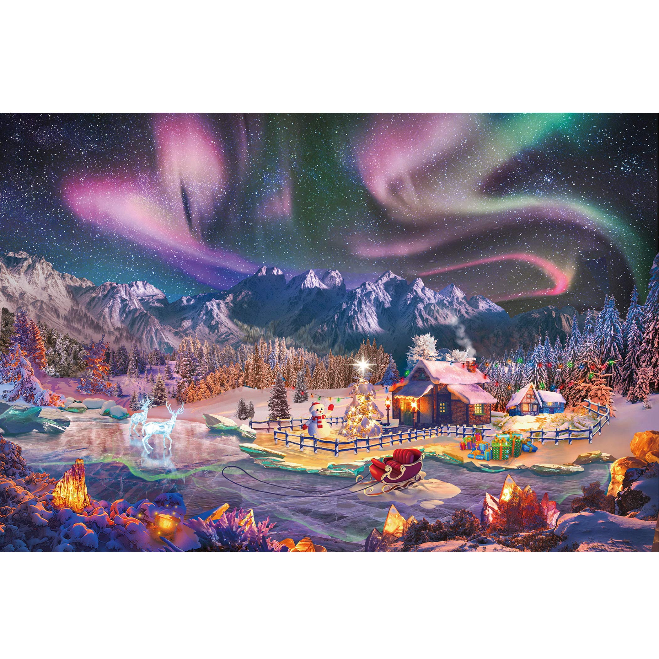 Lavievert Jigsaw Puzzles 1000 Piece Christmas Wonderland Puzzles for Adults - Snowy Night, Aurora, Christmas Tree, Snowman, Sleigh, Ice Sculpture & Milu Deer