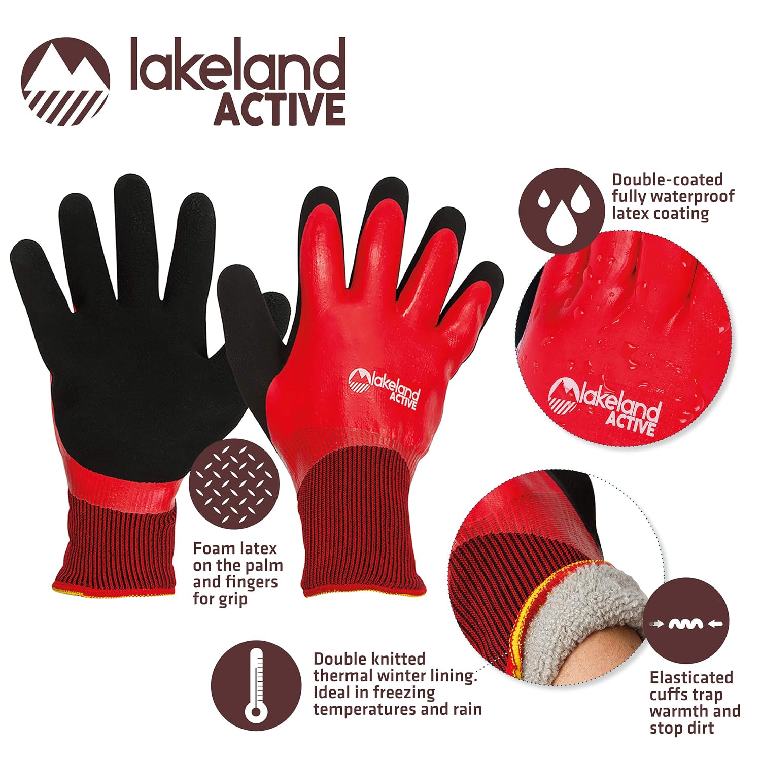 Lakeland Active 1 Pair Broughton Ultimate Thermal Waterproof Work Gloves - Black/Red - Large, L (Pack of 1) - Image 3