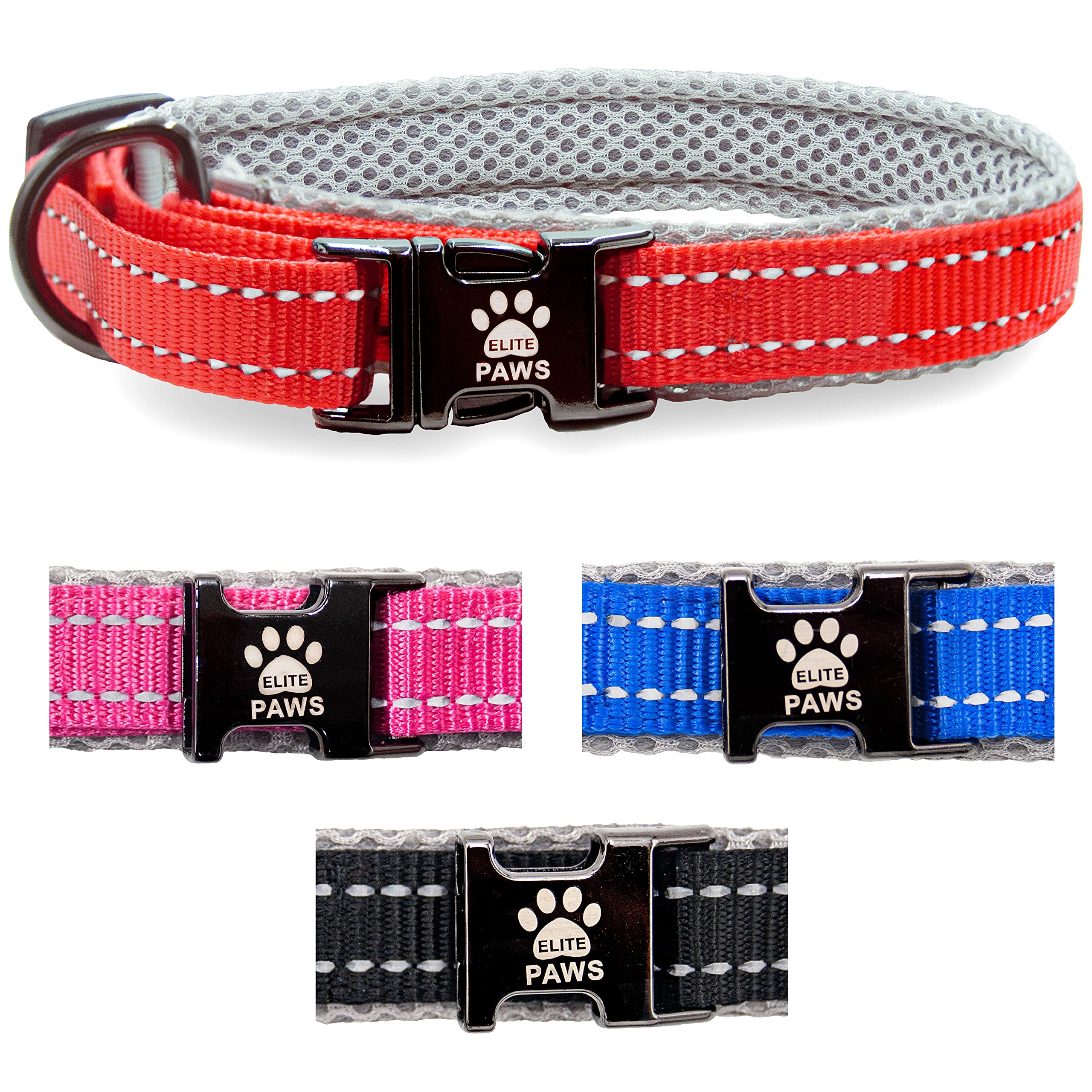 Elite Paws™ UK: Premium Metal Buckle Dog Collar, Strong, Safe, Padded, Comfortable, Reflective, Adjustable, Secure Fit with Metal Lead Attachment, Puppy Walking/Training Product (55cm-60cm, Red/Grey)