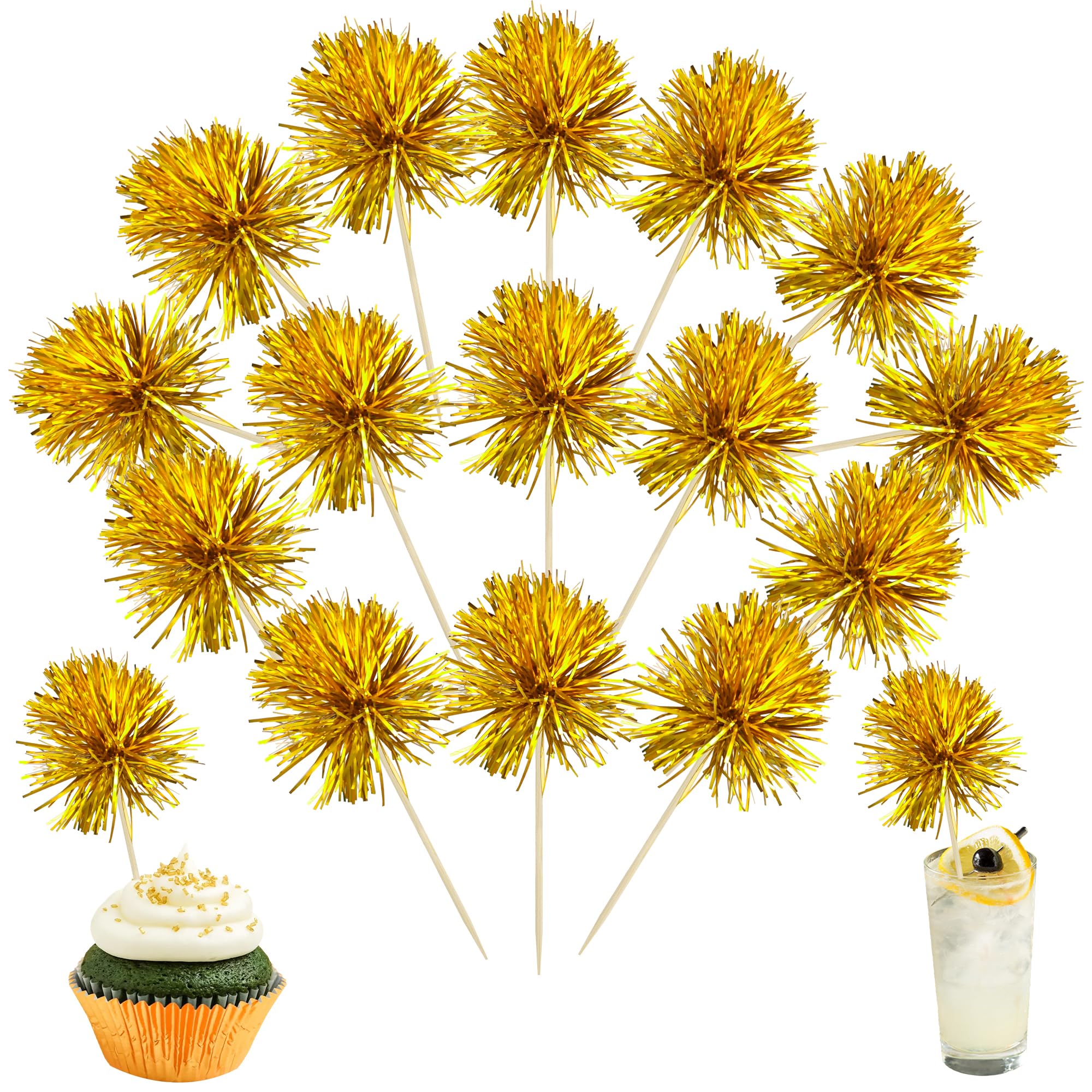 Ephlyn 30Pcs Foil Firework Cupcake Toppers Sparkles Fireworks Sticks Birthday Decorations Sparkle Tinsel Cocktail Fruit Toothpick for Birthday Wedding Graduation Party Cake Decorations Gold