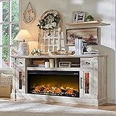 Farmhouse Fireplace TV Stand for 80" TV – Wood Entertainment Center with 42" Electric Fireplace, LED Lights, and Adjustable Storage for Cozy Living Room Ambiance, Antique Brush White Color