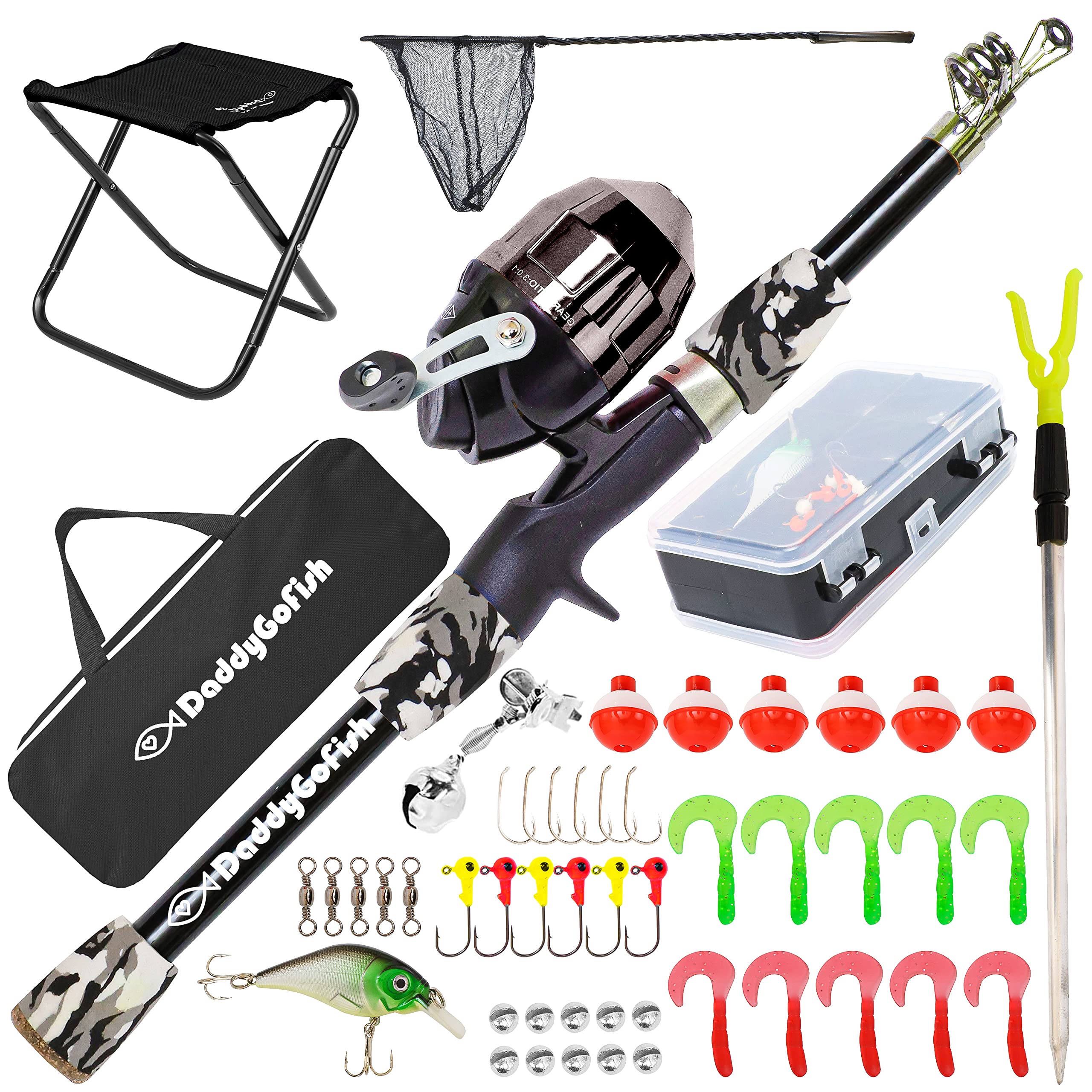 DaddyGoFish Kids Fishing Pole - Rod Reel Combo Tackle Box Starter Set - First Year Small Dock Gear Kit for Boys Girls Toddler Youth Age Beginner Little Children Junior Anglers (Black, 4ft)
