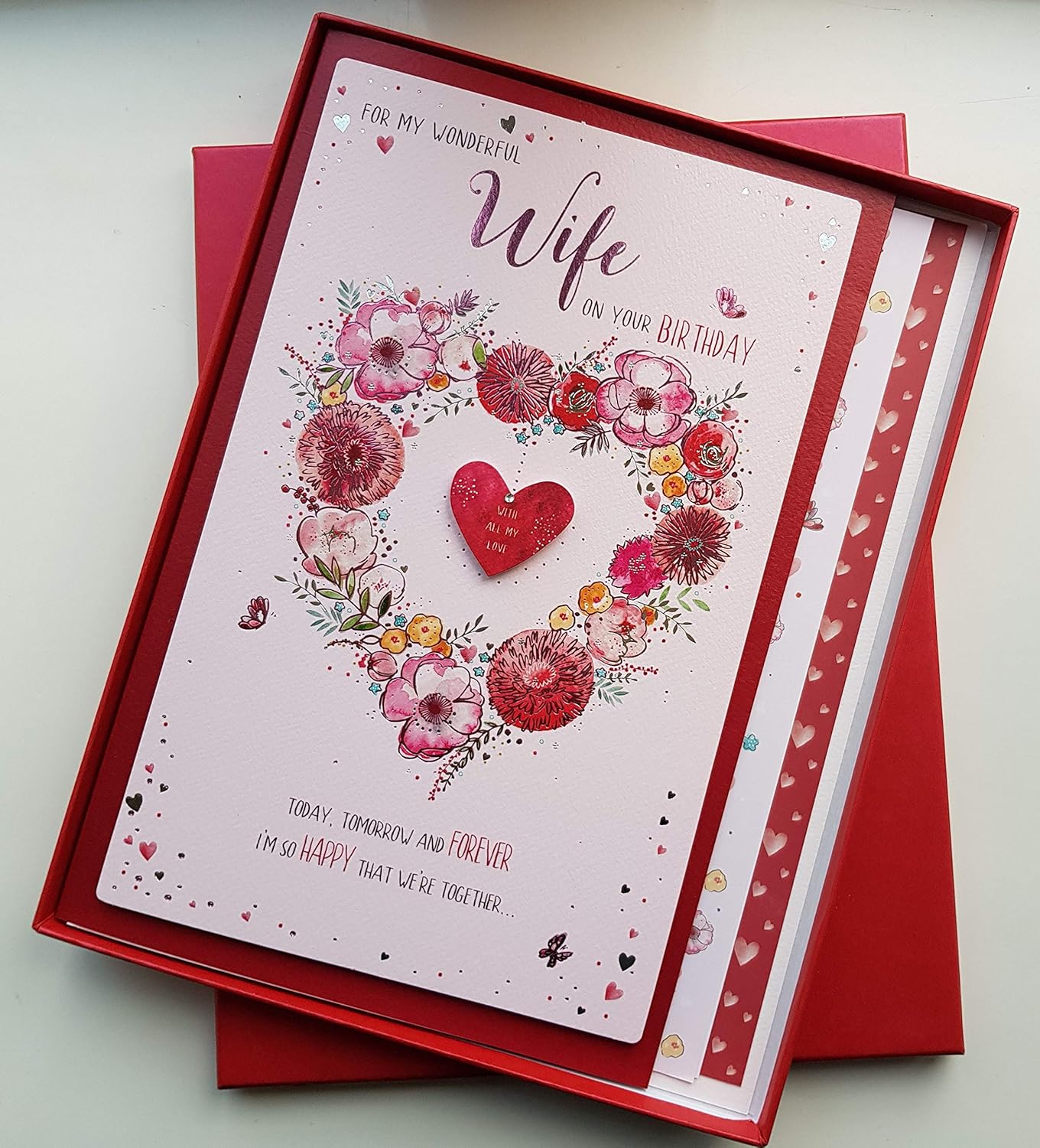 Wife Birthday Large Boxed Card, Wonderful Wife, Special Finishes, Romantic Floral Love Heart Design - Image 5